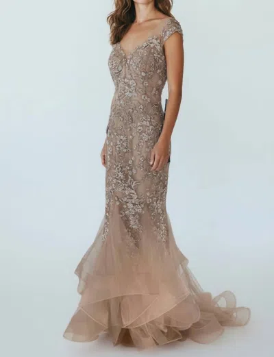 Alexander By Daymor Beaded Illusion Mermaid Gown In Clay In Gray