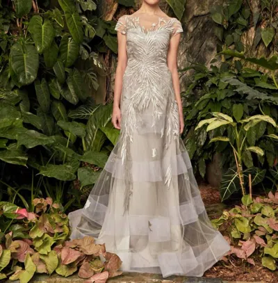 Alexander By Daymor Cap Sleeve Sequin-ornate Embroidered Gown In Pearl Grey In White