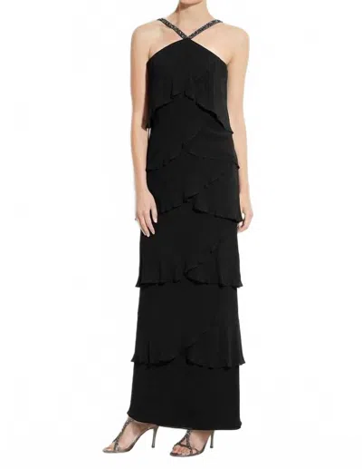 Alexander By Daymor Tiered Chiffon Beaded Halter Neck Gown In Black In Multi