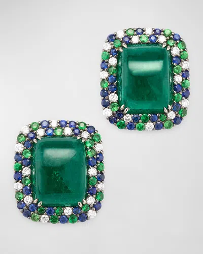 Alexander Laut 18k White Gold And Platinum Emerald, Tsavorite, Sapphire And Diamond Earrings In Green