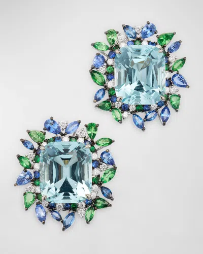 Alexander Laut 18k White Gold Aquamarine, Sapphire, Tsavorite And Diamond Earrings