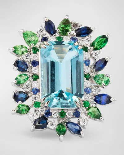 Alexander Laut 18k White Gold Aquamarine, Sapphire, Tsavorite And Diamond Ring In Aquamarine Sapphire