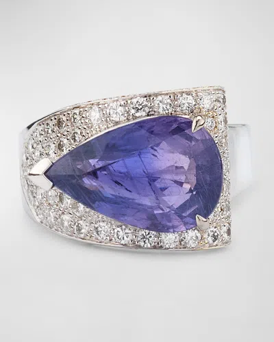 Alexander Laut 18k White Gold Blue Sapphire Pear And Diamond Ring In Sapphire Diamond