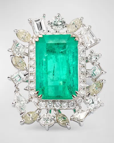 Alexander Laut 18k White Gold Emerald Ring With Round, Marquise And Emerald Cut Diamonds In Emerald Diamond