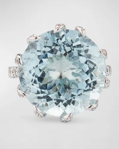 Alexander Laut 18k White Gold Round Aquamarine And Pave Diamond Ring In Blue