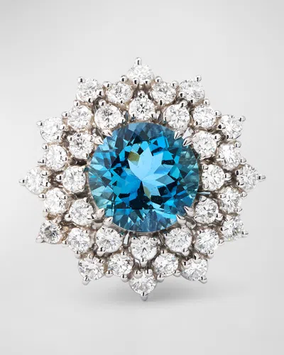 Alexander Laut 18k White Gold Round Green Blue Aquamarine And Diamond Ring In Aquamarine Diamond