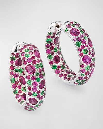 Alexander Laut 18k White Gold Ruby And Tsavorite Hoop Earrings