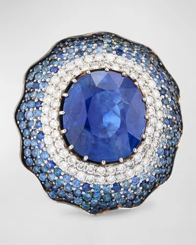 Alexander Laut 18k White Gold Sapphire Ring With Pave Diamonds And Sapphires, Ring 7 In Sapphire Diamond
