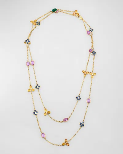 Alexander Laut 18k Yellow Gold Orange Sapphire, Blue Sapphire And Pink Sapphire Long Necklace In Emerlads Sapphires