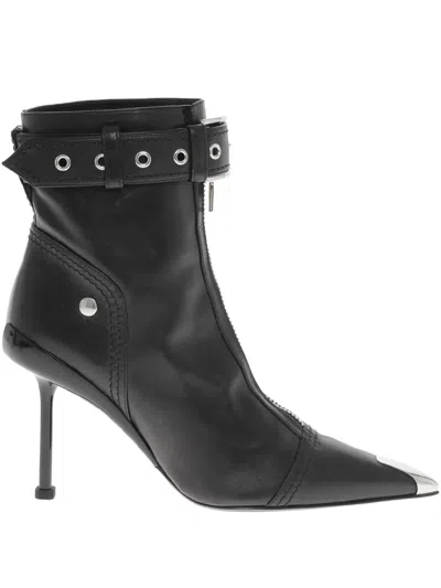 Alexander Mcqueen Women Black Ankle Boots With Buckle And Zip Closure In Leather Women