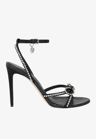 Alexander Mcqueen 105 Crystal-bow Snake Print Leather Sandals In Black