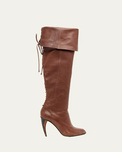 Alexander Mcqueen 105mm Horn Leather Knee-high Boots In Brown