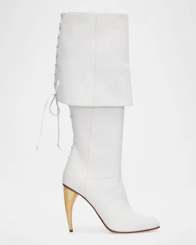 Alexander Mcqueen 105mm Horn Leather Knee-high Boots In White