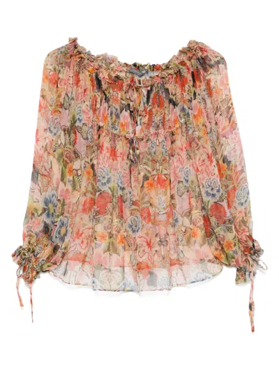 Pre-owned Alexander Mcqueen 2000s Silk Floral-print Blouse In 粉色