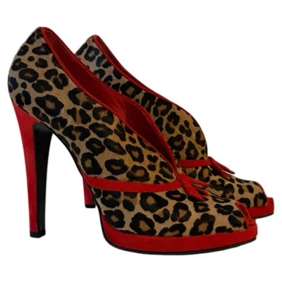 Pre-owned Alexander Mcqueen 2000s Unworn Leopard Pony Hair And Red Suede High Heel Booties