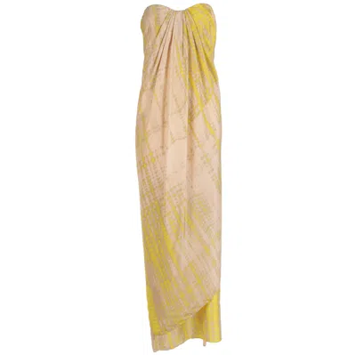 Pre-owned Alexander Mcqueen 2003  Silk Printed Strapless Draped Column Evening Gown In Sand