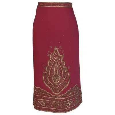 Pre-owned Alexander Mcqueen 2004 Gold Embellished Burgundy Red Pencil Skirt