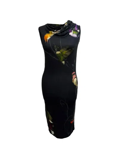 Pre-owned Alexander Mcqueen 2008 Hummingbird-print Dress In Black