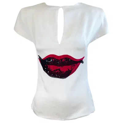 Pre-owned Alexander Mcqueen 2009 Size 38 / 2 Ivory Silk Red Lips Sequin Blouse Top Shirt In White