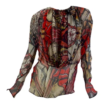 Pre-owned Alexander Mcqueen 2009 Vintage  Printed Chiffon Silk Blouse Top It. 40 In Brown