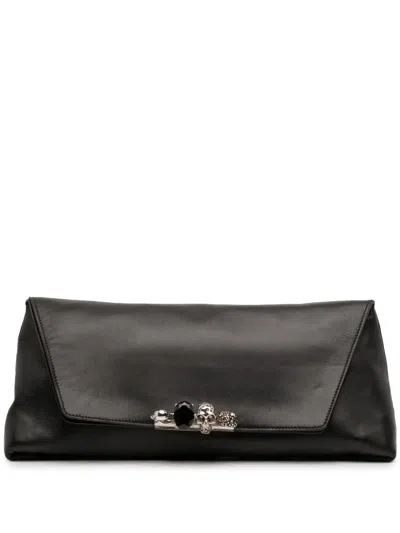 Pre-owned Alexander Mcqueen 2010-2025 Large Calfskin Skull Knuckle Duster Fold Over Clutch Bag In Black