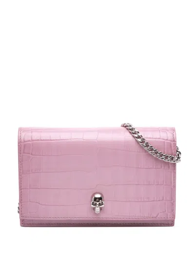Pre-owned Alexander Mcqueen 2010-2025 Small Crocodile Embossed Calfskin Skull Crossbody Bag In Pink