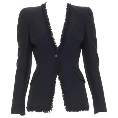 Pre-owned Alexander Mcqueen 2011 Beads Frayed Ruffle Collar Fitted Blazer Jacket It40 S In Black