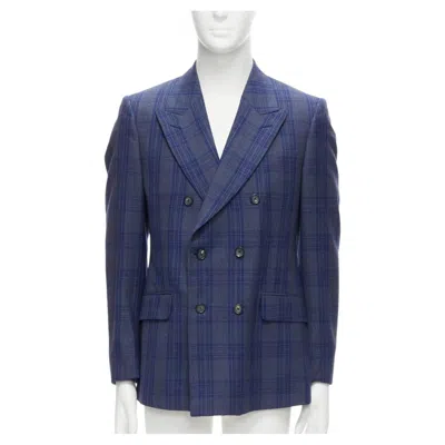 Pre-owned Alexander Mcqueen 2014 Navy Blue Check Wool Double Breasted Blazer It48 M