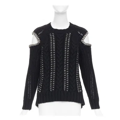 Pre-owned Alexander Mcqueen 2018 100% Cashmere Silver Chain Cold Shoulder Sweater S In Black