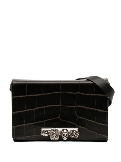 Pre-owned Alexander Mcqueen 2018 Mini Croc Embossed Skull Jeweled Crossbody Bag In Black
