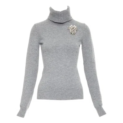 Pre-owned Alexander Mcqueen 2020 100% Cashmere Pearl Crystal Brooch Turtleneck Sweater In Gray