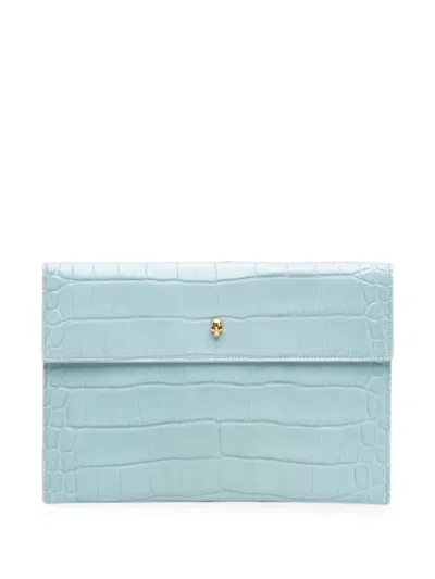 Pre-owned Alexander Mcqueen 2020-2026 Croc Embossed Leather Skull Clutch Bag In Blue