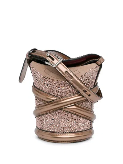 Pre-owned Alexander Mcqueen 2021-2024 Calfskin Crystal Embellished The Curve Bucket Bag In Brown