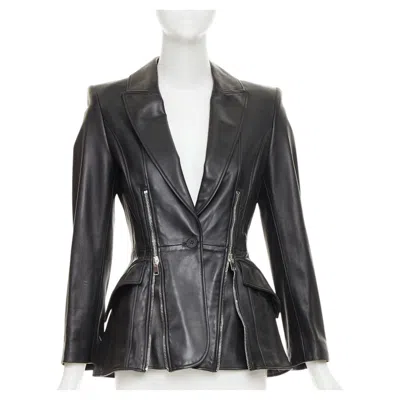 Pre-owned Alexander Mcqueen 2021 Zip Detail Peplum Lambskin Leather Blazer Jacket It40 S In Black