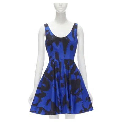 Pre-owned Alexander Mcqueen 2022 Black Blue Abstract Print Fit Flared Scoop Dress It38 S