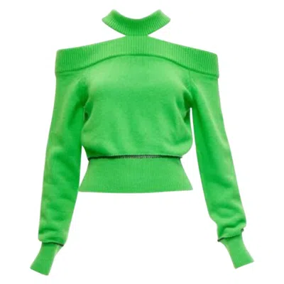 Pre-owned Alexander Mcqueen 2022 Wool Green Cold Shoulder Black Lattice Seam Sweater S