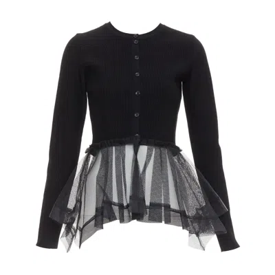 Pre-owned Alexander Mcqueen 2023 Black Ribbed Stiff Sheer Tulle Peplum Cardigan Sweater S