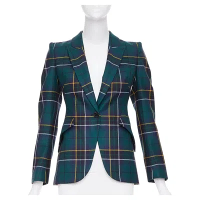 Pre-owned Alexander Mcqueen 2025 Green Wool Tartan Pointed Shoulder Blazer Jacket It36 Xxs