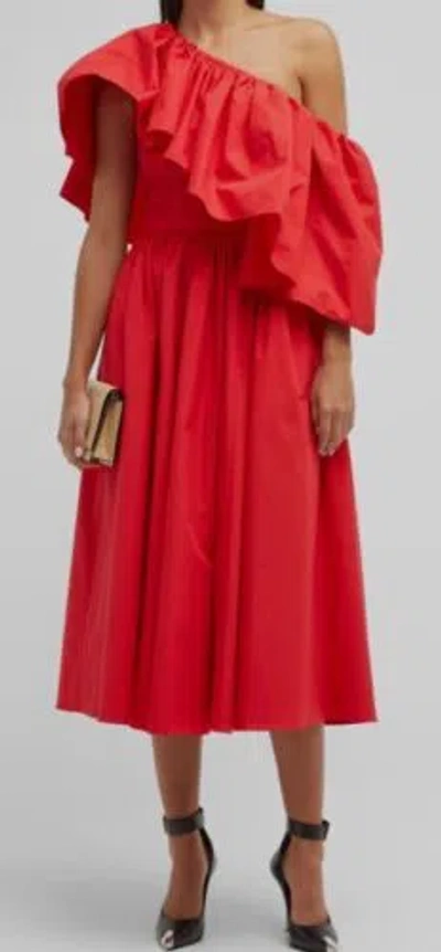 Pre-owned Alexander Mcqueen $2870  Women's Red One Shoulder Ruffle Midi Dress Size 40
