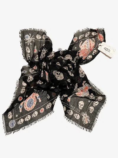 Pre-owned Alexander Mcqueen $400  Spider Diamond Skeleton Scarf In Black