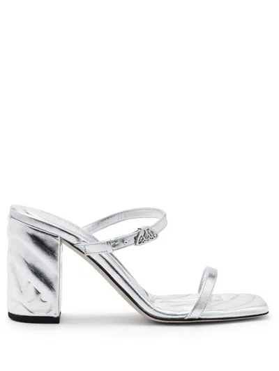 Alexander Mcqueen Leather Lace-up Mules With Metal Logo Detail In Silver