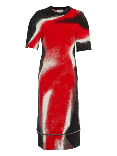 Pre-owned Alexander Mcqueen Abstract-print Zipper-detail Dress In Red
