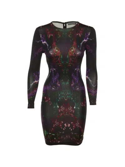 Pre-owned Alexander Mcqueen Abstract-print Fitted Midi Dress In Black