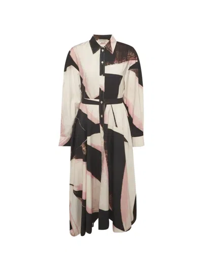 Pre-owned Alexander Mcqueen Abstract-print Shirt Midi Dress In Neutral