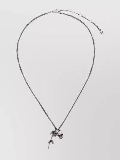 Alexander Mcqueen Adjustable Chain Rose And Skull Necklace In Silver