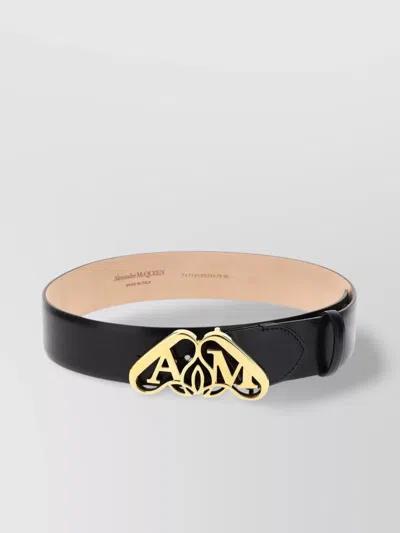 Alexander Mcqueen Adjustable Leather Belt With Metal Seal In Black
