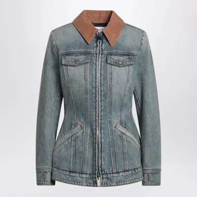Alexander Mcqueen Alexander Mc Queen Light Blue Washed Denim Jacket With Ruffles In Stone Washed
