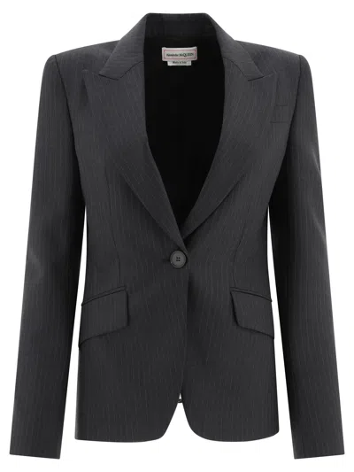Alexander Mcqueen Grey Pinstriped Single-breasted Blazer In Black