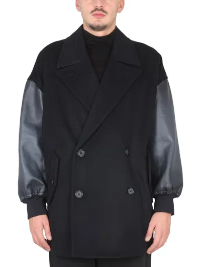 Alexander Mcqueen Leather-trim Double-breasted Jacket In Black