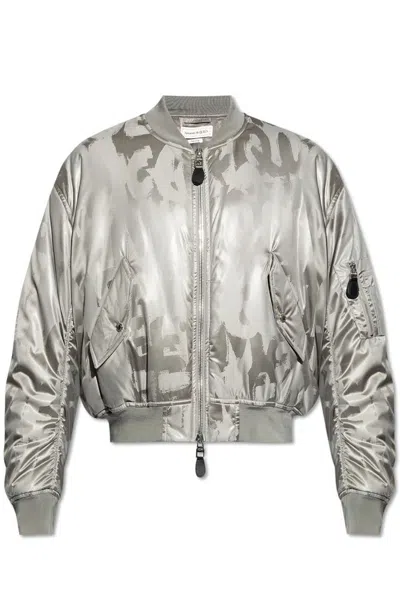 Alexander Mcqueen Graffiti Logo Metallic Bomber Jacket In Silver